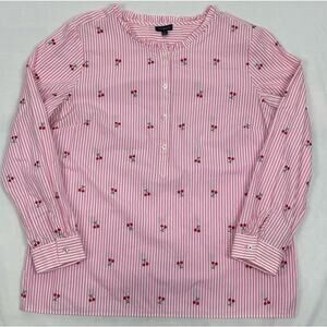 Talbots Pink Striped Embroidered Cherry LS Cotton Pullover Blouse Ruffle Neck L